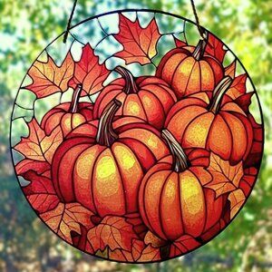 Festive Fall Pumpkins Maple Leaves Tree Round Window Sun Hanging Sun Catcher New
